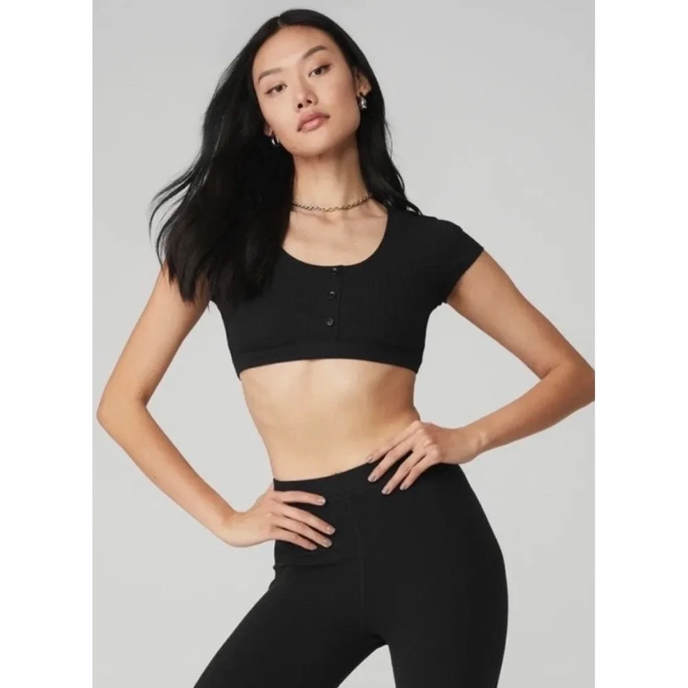 Alo Yoga Blissful Henley Black Crop Top Women's‎ Size Small
